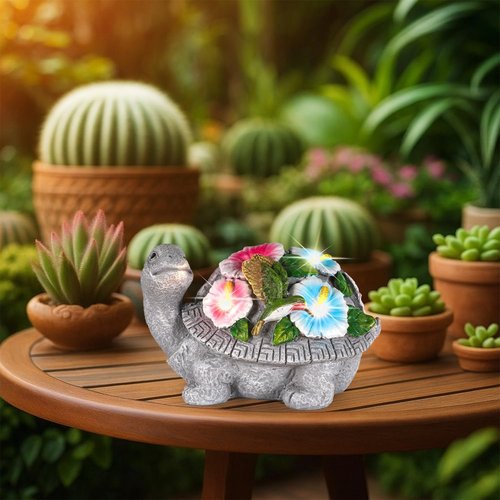 GoGnome Solar Turtle Figurine Lights - 5.5-Inch Garden Statue with Hummingbird Flower | Perfect Outdoor Yard Decor