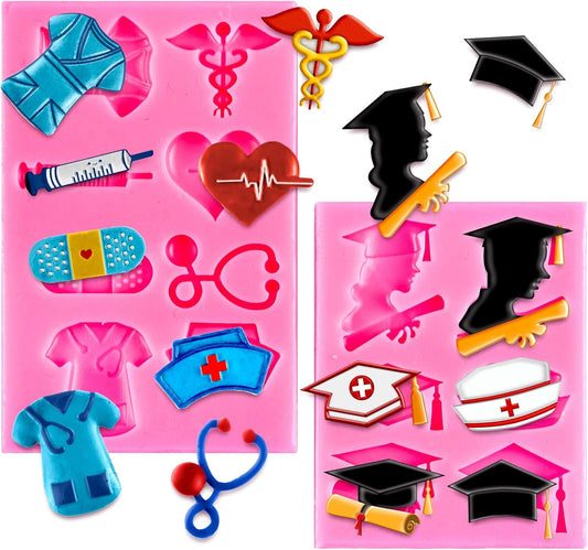 Whaline Silicone Fondant Molds - Nurse Graduation Themed Doctor Hat & Medical Equipment | 2 Pack for Cake Toppers
