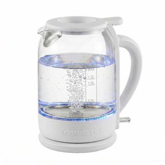 OVENTE Electric Kettle with 1.5L Borosilicate Glass, 1500W Fast Boiling Water Heater for Coffee or Tea, Easy to Fill Lid, Auto Shut-Off, Boil-Dry Protection & Stainless Steel Filter, White KG516W