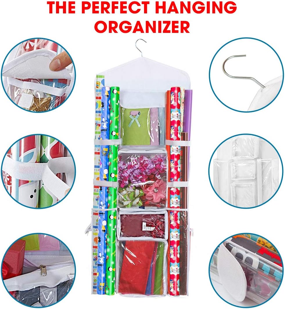 Primode Gift Wrap Organizer - Over The Door Wrapping Paper Storage With Double-Sided Pockets | 40”x17” (White)