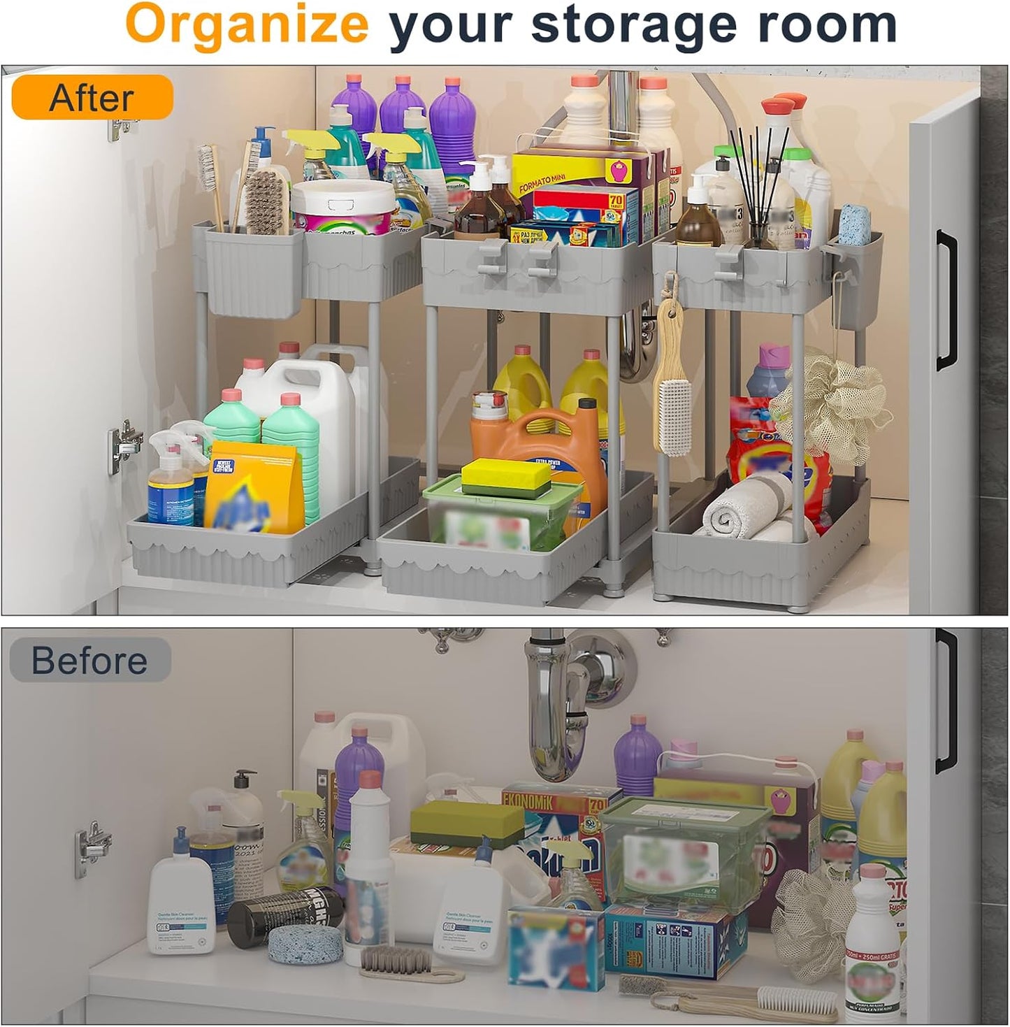 Sevenblue Under Sink Organizers - 2-Tier Kitchen & Bathroom Storage with Sliding Drawers | Gray, 14.8 Inch