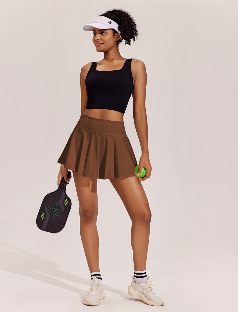 PINSPARK Womens Tennis Skirt Tummy Control Pleated Golf Skort with 2 Pockets High Waisted Active Skirts, Brown Medium