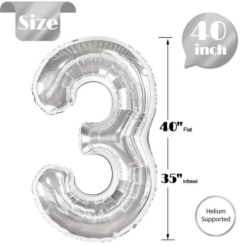 Silver Number 3 Balloon 40 Inch, 3rd Birthday Celebration Supplies for Girls Boys Women Men, 3 Balloon for Girls Boys Theme Party
