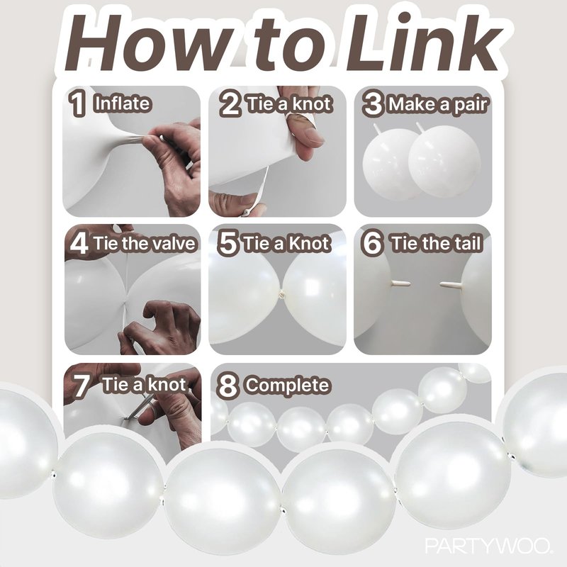 PartyWoo Pearl White Linking Balloons 100pcs 12 Inch White Link Balloon for Anniversary Retirement Wedding Graduation Baby Shower Birthday Gender Reveal Engagement Party Decorations White-W14