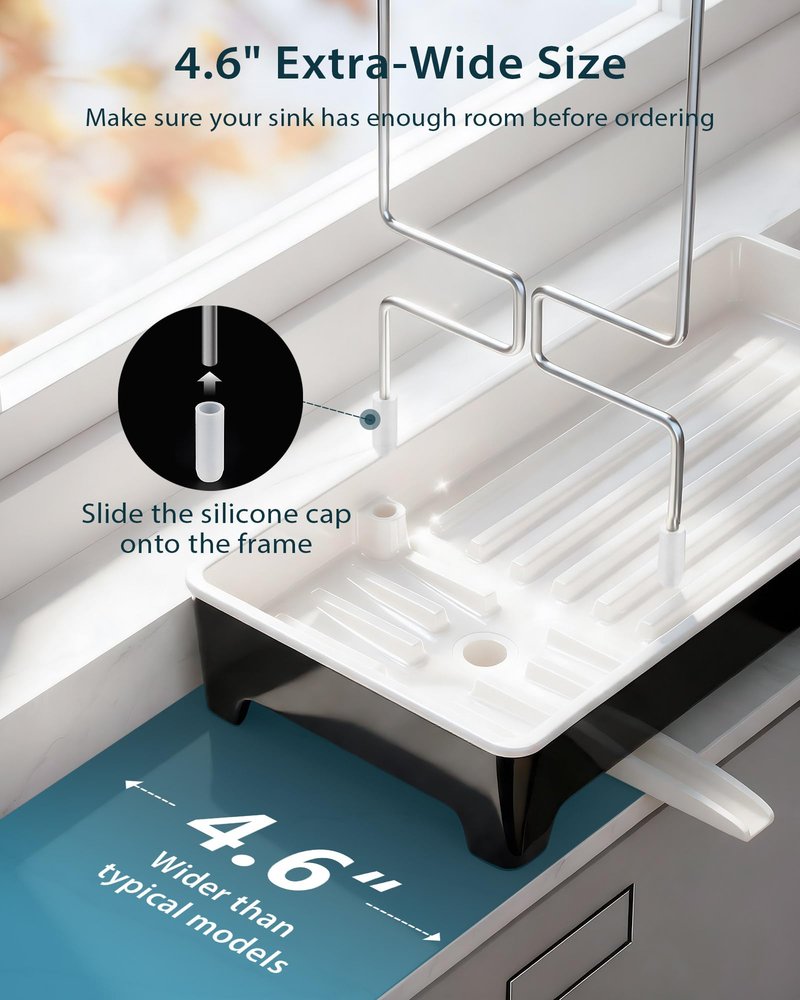 Caumic Minimalist Sink Caddy, Rustproof Sponge Holder for Kitchen Sink with 304 Stainless-Steel Brush Holder, Countertop Rack Organizer with Raised Ridges & Silicone Drain Tube (Black, Large)