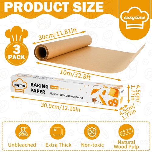 DTFMZOV Unbleached Parchment Paper Roll for Baking 12in x 98ft, 3 Pack of 12in x 32.8FT, Parchment Paper Built-in Metal Cutter, Non-Stick for Baking, Grilling, Air Fryer, Meal Prep, Pans and Oven