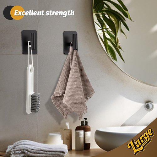 Eowihor Heavy Duty Adhesive Hooks - 26lb Max, Sticky Wall Hooks Waterproof Stainless Steel for Hanging Towel, Coat, Robe, Towel Hooks Stick on Bathroom, Kitchen, Shower, Door (Black, 4 Pack)