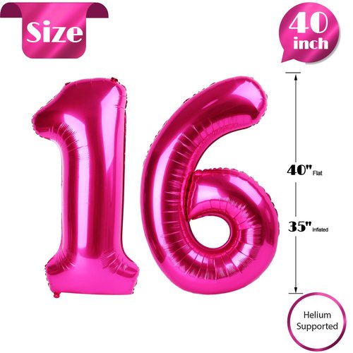 Hot Pink Number 16 Balloons 40 inch, 16 Number Balloons, 16th Birthday Decorations for Girls 16 Year Old Hot Pink Party Supplies