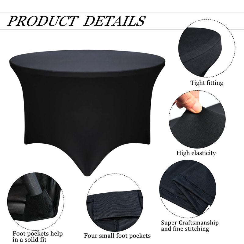 4 Pack Black 72-Inch Diameter x 30-Inch High Round Spandex Tablecloth for 6FT Round Tables|Fitted Stretch Tablecloth with Foot Bag for Party, Wedding, Birthday, Banquet, Vendor Stand