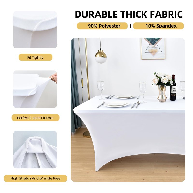 ZarzaaSik 6-Pack 8ft White Spandex Table Covers for Rectangle Folding Tables - Washable Elastic Tablecloth - Ultimate Fitted Table Protector for Birthday Parties, Trade Shows, Banquet