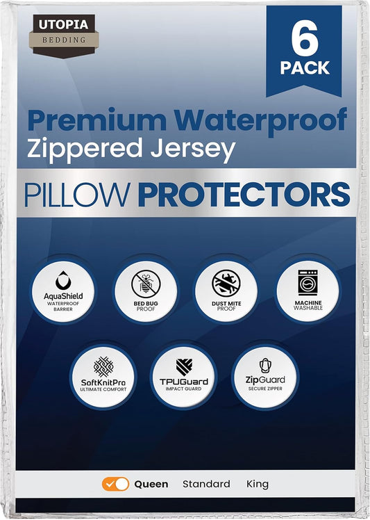 Utopia Bedding Pillow Protectors - Set of 6 Queen Size, Waterproof & Bed Bug Proof Encasements (White)