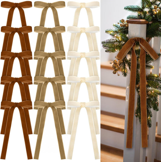 Skiennix 24 Pcs Velvet Bows - Vintage Ribbon Bows for Christmas Tree & Crafts | Khaki, Ivory, Nude (9 x 13 Inch)