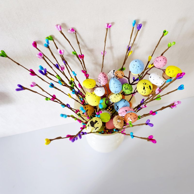 VSHZXFH 33pcs Artificial Spring Floral Stems Spray Vine with Pastel Eggs and Berries - Table Centerpiece Twig Branches for Baby Shower Birthday Party Floral - Home Centerpiece Wreath Decoration