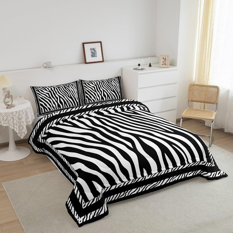 Manfei Zebra Print Comforter Set King Size, Wild Animal Skin Print Bedding Set 3pcs for Kids Boys Girls Bedroom Decor, Black and White Quilt Set Soft Polyester Duvet Set with 2 Pillowcases