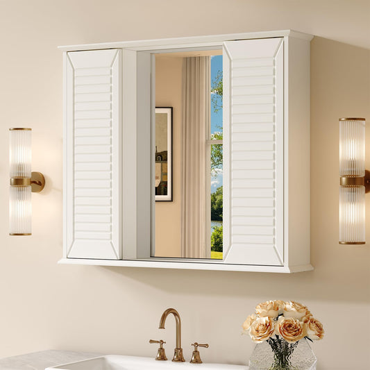 FFBCFDK Bathroom Medicine Cabinet Mirror 28.3 x 23.8 inch Bathroom Mirror with Storage Wall Mounted Medicine Mirror Cabinet Wood Organizer with 2 Door Surface Mount Farmhouse Storage Cabinet