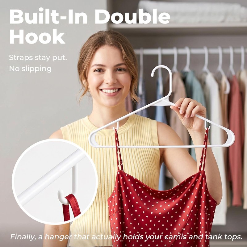HOUSE DAY White Plastic Hangers 50 Pack, Plastic Clothes Hangers with Built-in Hooks, Durable and Strong Plastic Coat Hangers for Closet, Space Saving Clothing Hanger for Shirts, Coats, Skirt, Dress