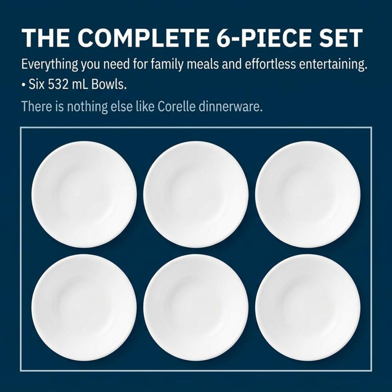 Corelle Vitrelle 6-Piece Soup/Cereal Bowl Set Triple Layer Glass and Chip Resistant, 18-Oz Lightweight Round Bowls, Winter Frost White