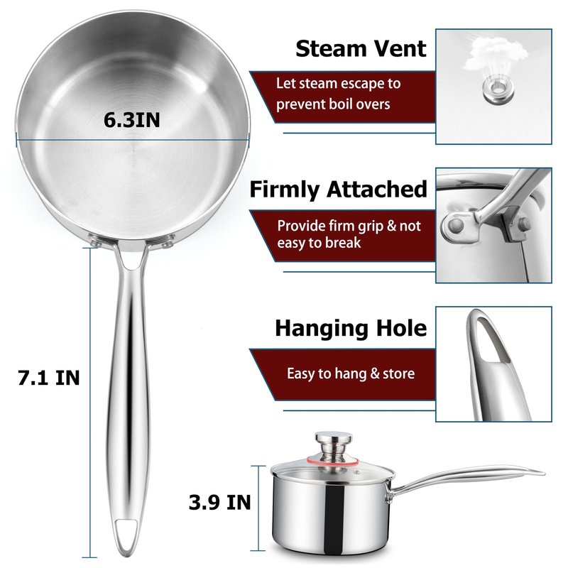 Homikit 2 Quart Saucepan with Lid, 2QT Tri-Ply Stainless Steel Sauce Pan with Ergonomic Handle, Heavy Bottom Small Pot for Kitchen Cooking, Compatible with All Cooktops for Boiling Eggs Warming Milk