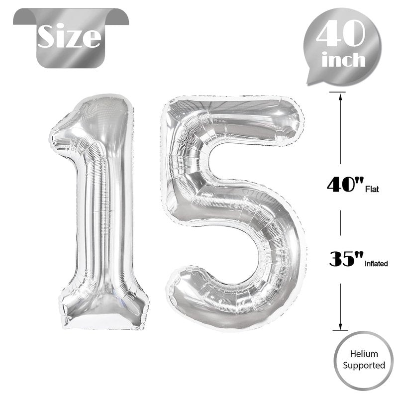 Silver Number 15 Balloon 40 Inch, 15th Birthday Party Decorations for Children, Giant 15 Foil Balloon for Party Supplies