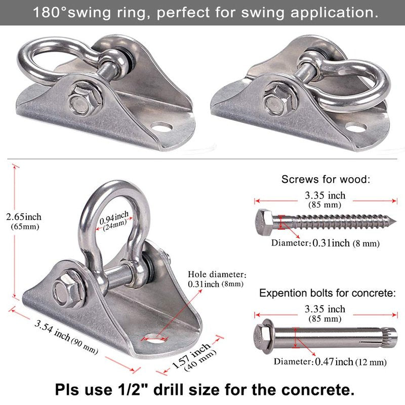 BeneLabel Stainless Steel Heavy Duty Swing Hanger Ceiling Mount 1600 LB Capacity Swing Hardware for Swing Seat, Yoga, Heavy Bag, Porch Swing, Hanging Chair with 2 Screws and 2 Expansion Bolts