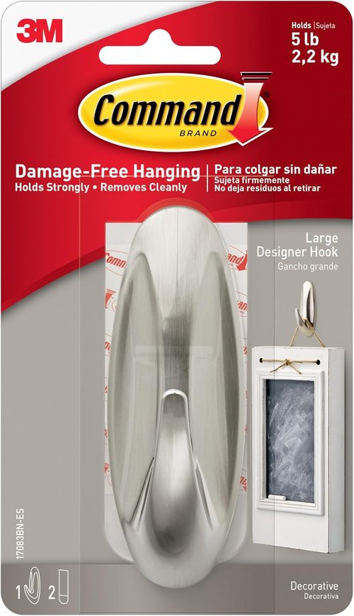 Command Large Designer Hook - Damage-Free Hanging Solution | Holds Up to 5 lb, Brushed Nickel Finish