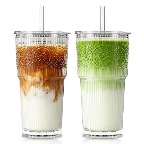 INSETLAN 20oz Ribbed & Floral Glass Tumblers with Lids and Glass Straws, Set of 2 – Iced Coffee Cups, Reusable Drinking Glasses for Water, Smoothies, Tea, and Juice – Perfect for Travel & Daily Use