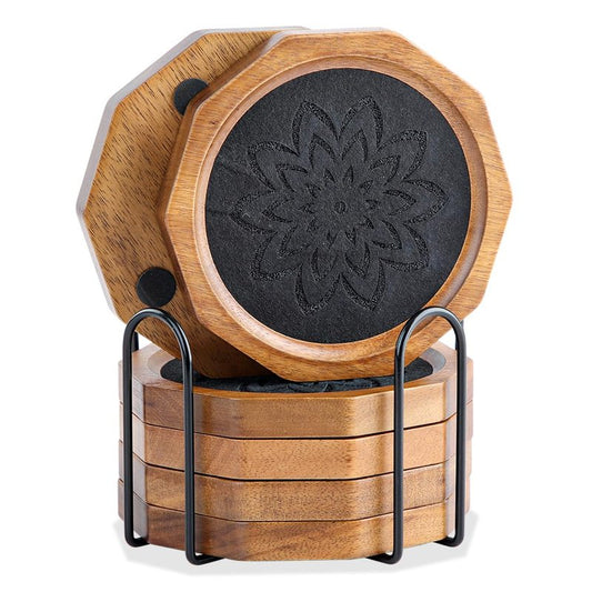 Wood Coasters for Drinks Absorbent with Lip, 4.3 Inch Rustic Acacia Wood Black Felt Coaster with Holder for Wooden Coffee Table for Cups, Mugs, and Glasses - Set of 6