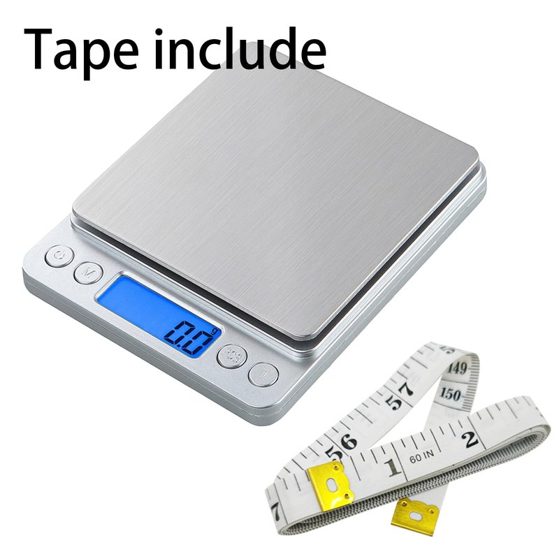Small Digital Scale,3kg/0.1g,6.6lb,Kitchen Scale,Food Scale,with Blue Backlit LCD Display, 6 Units, Auto Off, Tare, PCS Function, Stainless Steel, Battery Included,Soft Tape Included(150cm)