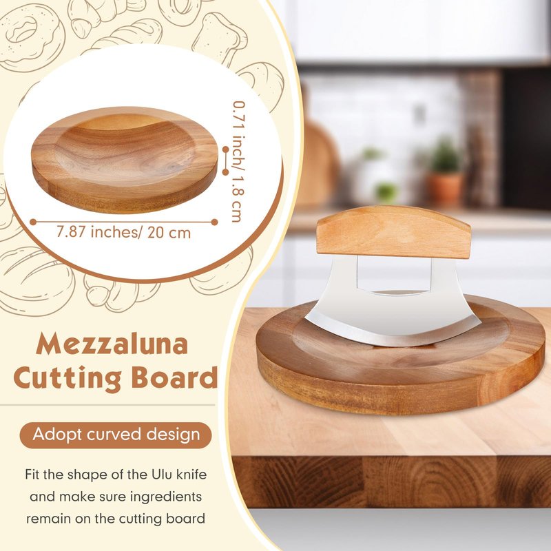 Sunnychicc 2 Pcs Mezzaluna Ulu Knife and Cutting Board Set Rocker Chopper Slicer Cutter with Stand Cutting Board Mezzaluna Chopper Alaskan Ulu Knife Kit for Onion Vegetable Mincing Tool(Wood)