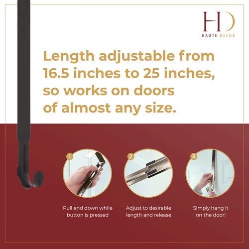 Haute Decor 2-Pack Adapt Adjustable Length Over The Door Wreath Hanger Hook - 2PACK - Strong, Holds up to 20 lbs. (Matte Black)