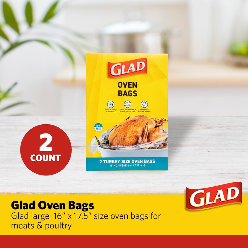 Glad Turkey Size Oven Cooking Bags for Meats and Poultry Weighing 8 to 24 lbs, BPA-Free, Locks in Moisture for Tender Juicy Roasts, Easy Clean-Up, 19 x 23.5 Inch, 2 Count
