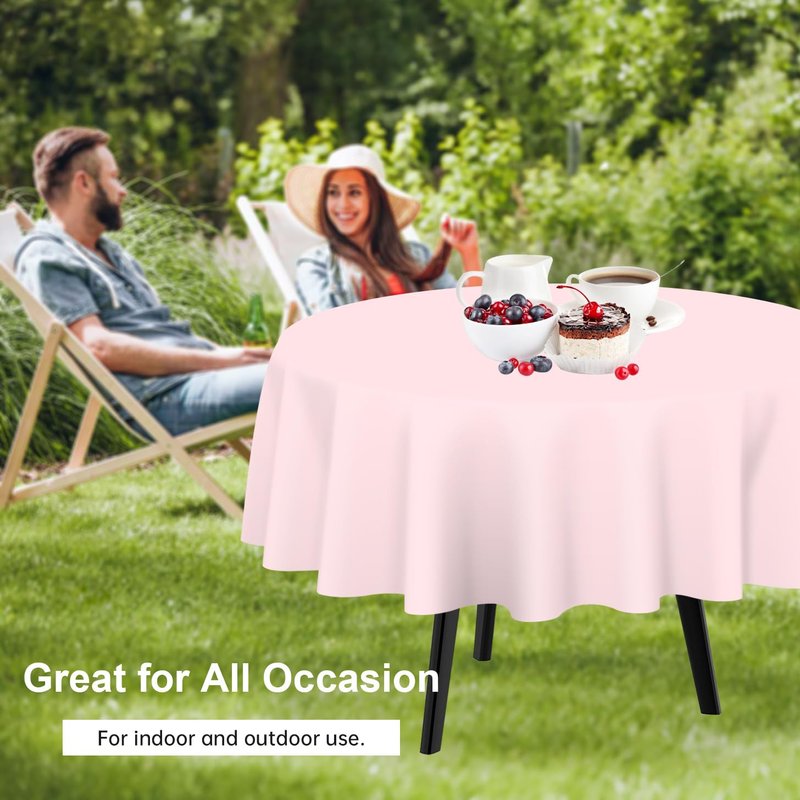 QIKSION Pink Round Tablecloth 2 Pack, 84 Inch Plastic Table Cloth Disposable for Parties