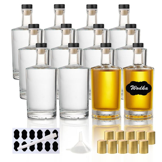 BPFY 12 Pack 3 oz Glass Liquor Bottles with T-Top Black Caps and Heat Shrink Capsules, Empty Mini Vodka Bottles, Travel Shots Bottle for Wine, Alcohol, Whiskey, Beverages