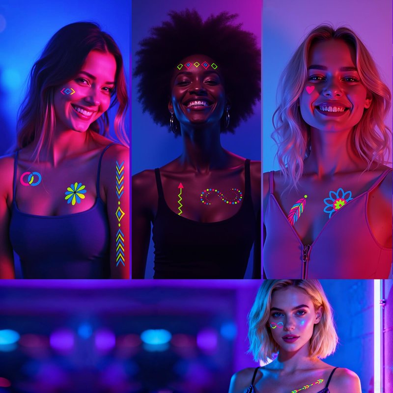 Glow in the Dark Party Supplies Temporary Tattoos 192+ PCS, Neon UV Blacklight Reactive Face Tattoos for for Party Supplies, Fluorescent Henna Flower Temporary Tattoos for Adults, Teens