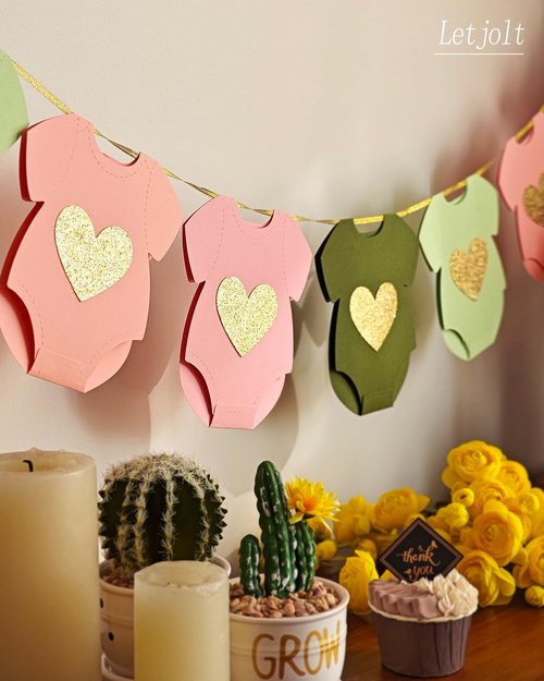 Green Pink Baby Shower Paper Garland Short-Sleeve Bodysuits Clothesline Garland Gender Reveal Birthday Banner Baby Outfit Pre - Strung Paper Decorations 9 pcs