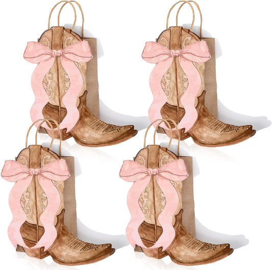 Sinload Western Gift Bags - Cowgirl Cowboy Boots Design with Pink Bow Handles | Brown Style, Perfect for Party Favors