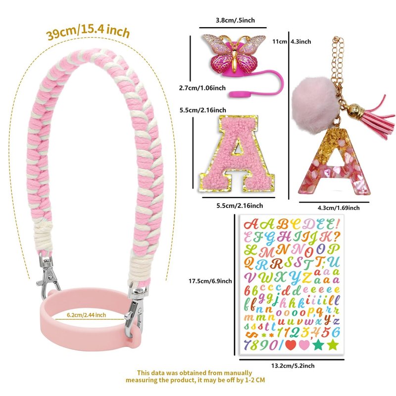 Stanley Cup Accessories Set - 30oz & 40oz Water Bottle Handle Strap, Letter Charms, Sticker & Butterfly Straw Cover Topper (Pink)