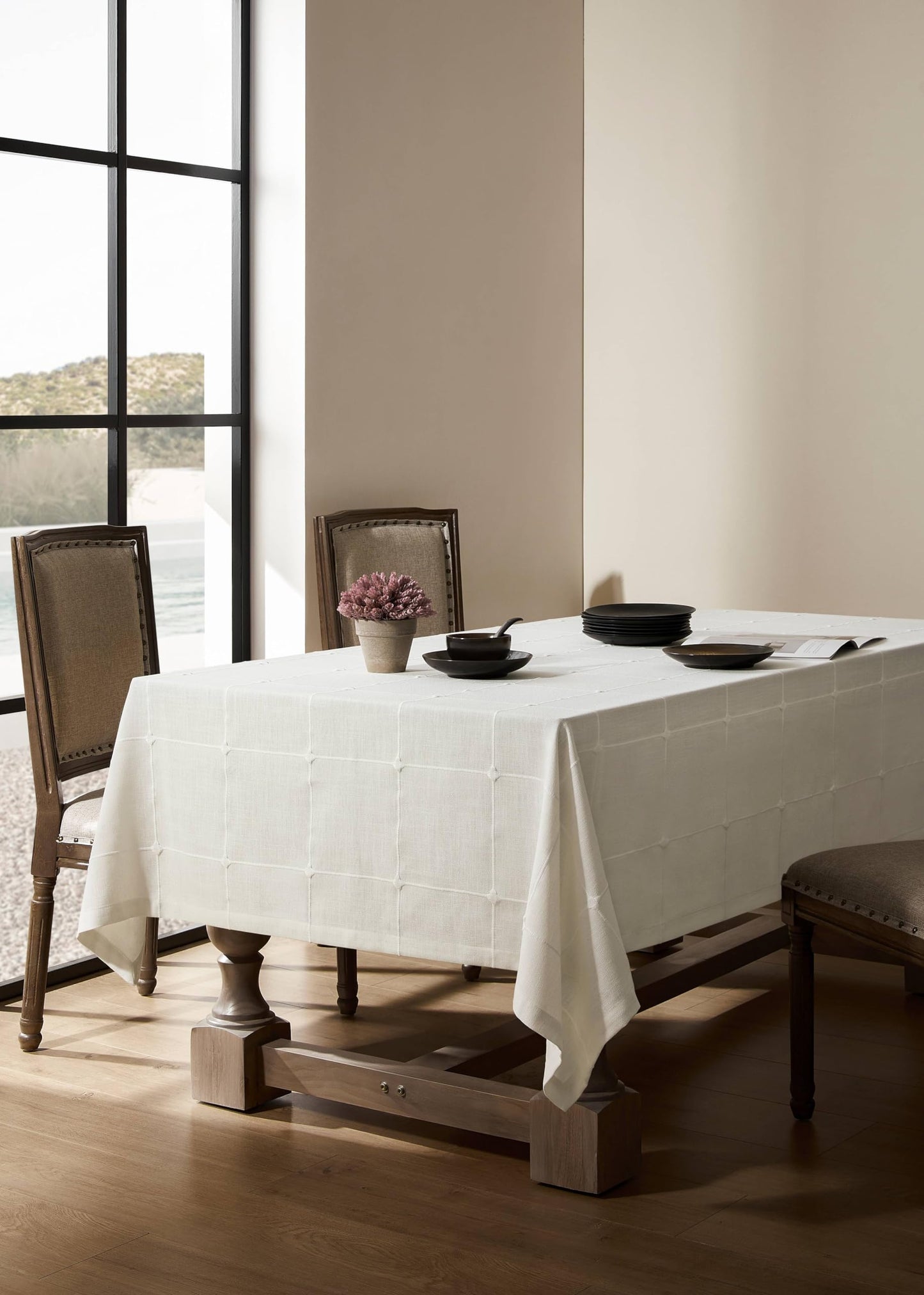 ZeeMart Grid Embroidered Hemmed Tablecloths, Off White 60x120 Inch, Farmhouse Style Heavy Weight Cotton Linen White Tablecloths, Boho Plaid Water Resistant Rectangle Table Cloth