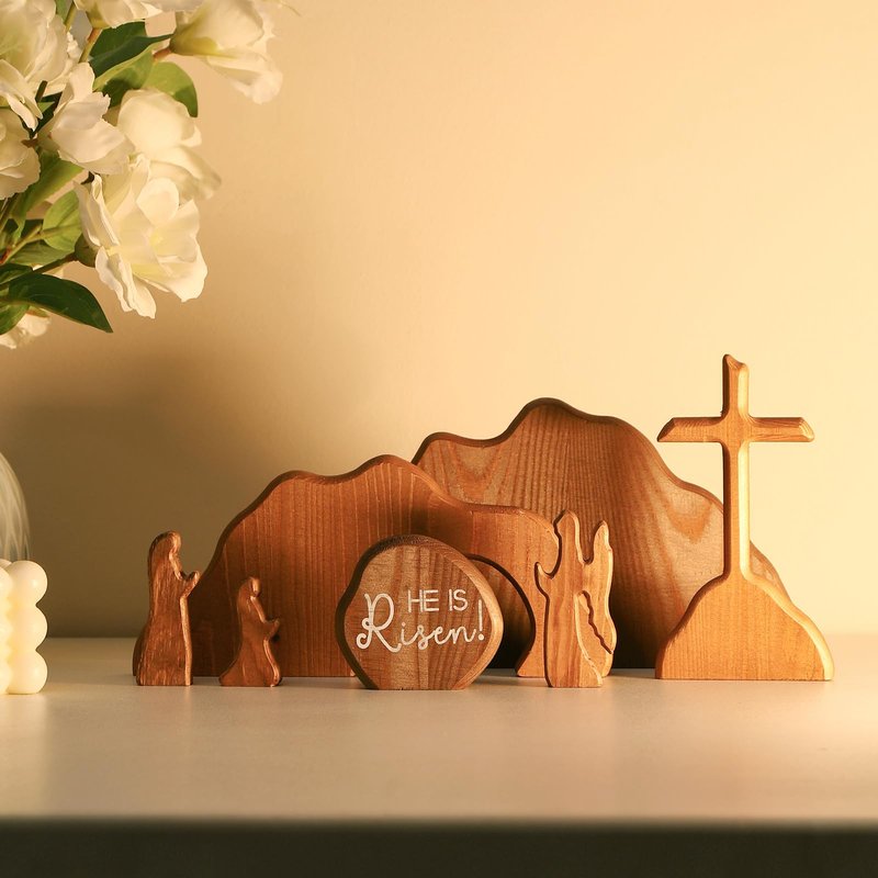 zonhajia The Empty Tomb Easter Scene, Christian Cross Decorations, Wooden Nativity Set, Decorations Religious Jesus Tomb Easter Kit Display for Home, Tabletop, Office, Gift