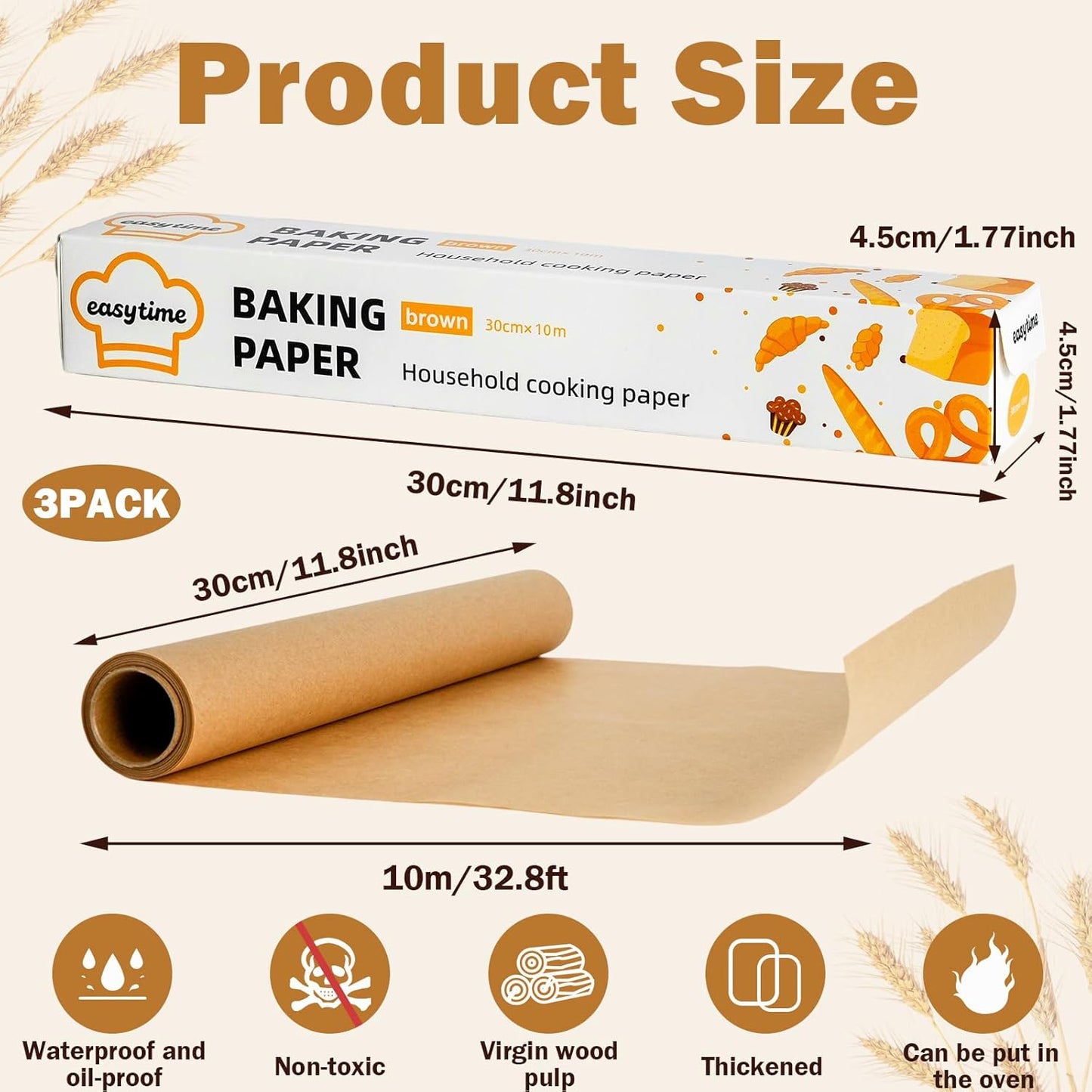 Unbleached Parchment Paper Roll - High Temperature Resistant Non-Stick Baking Paper | 12in x 98ft (Brown)