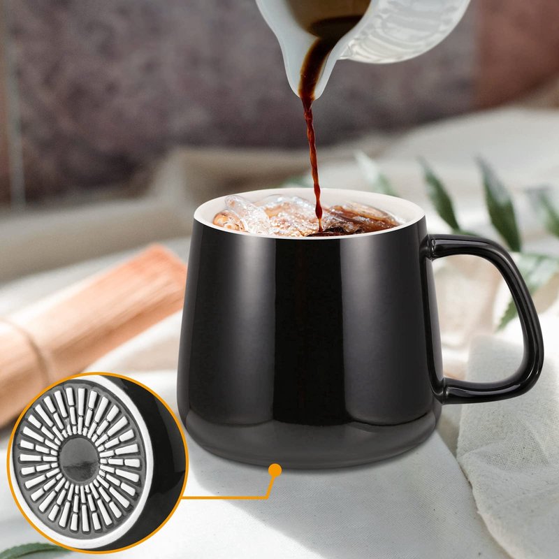 VOBAGA Coffee Cup with Lid and Flat-Bottom, 13 oz Tea Mug for Daily Use Warming Coffee&Tea (Black)