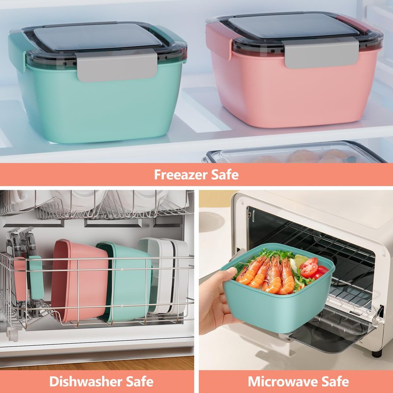 Cherrysea Salad Lunch Container, 68oz Salad Bowls with 4 Compartments Tray,Leak Proof Lunch Box with Fork for Men,Women BPA-Free Snack Container with Sauce Container for Dressings-Grey