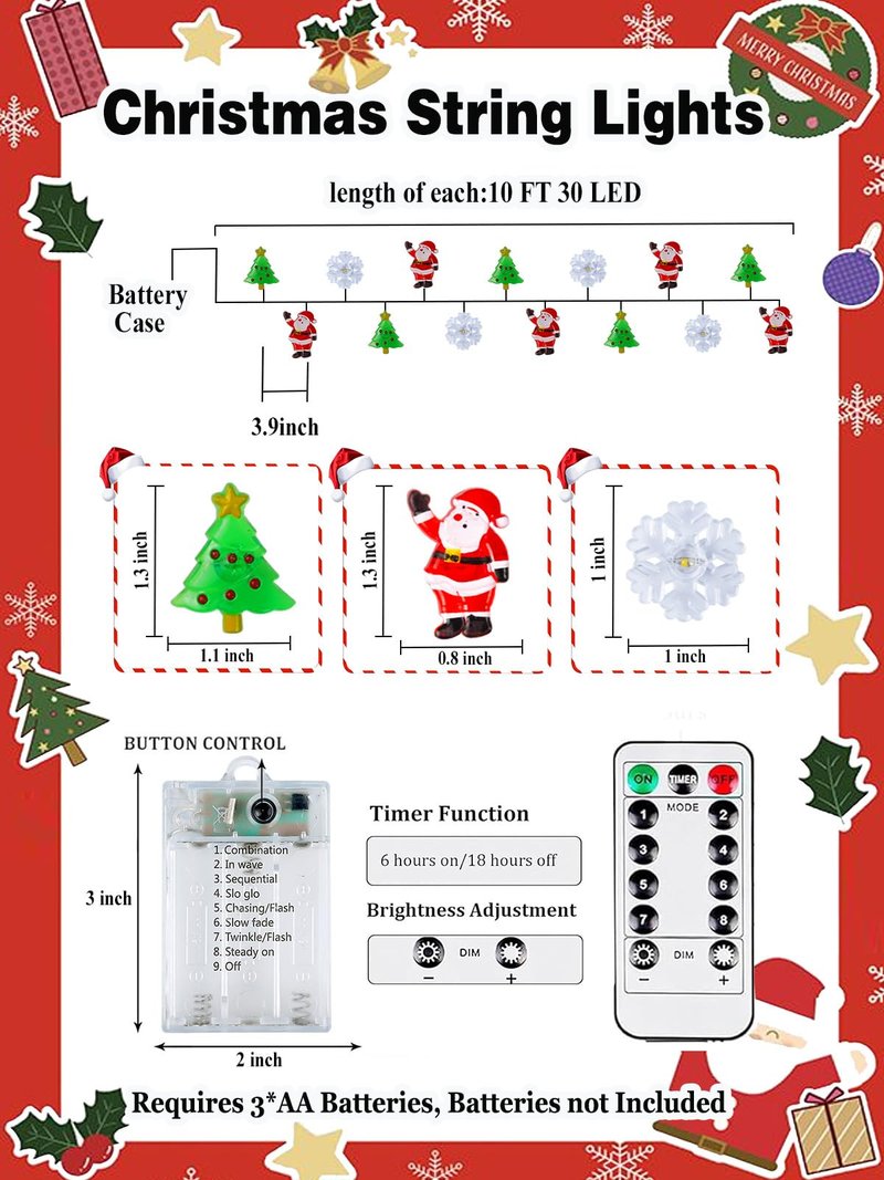 Christmas String Lights Decoration, 10ft 30LED Christmas Tree Santa Snowflake Fairy Lights Battery Operated with Remote, 8 Modes & Timer, Twinkle Light for Xmas Tree Party Indoor Outdoor Decoration