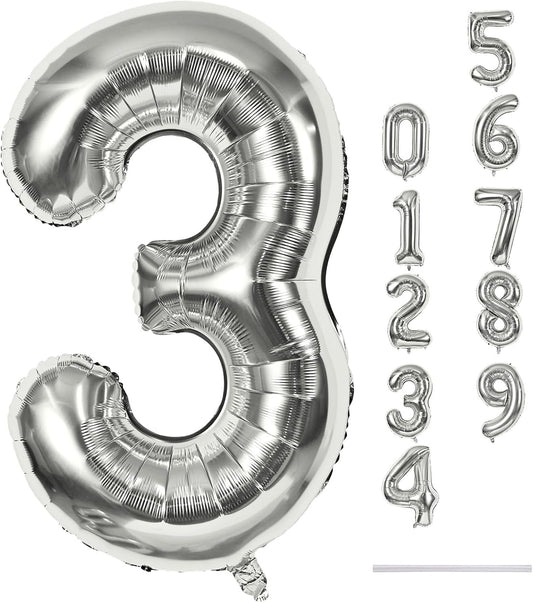 Skiennix Silver 3rd Birthday Balloon - 40 Inch Giant Helium Foil Number 3 - Self-Inflating Decor