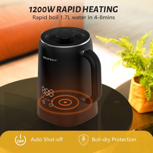 BOHOME Electric Kettle, 1.7L/1200W, Stainless Steel, Adjustable Temperature, Memory Function, Auto Shut-Off, Boil Dry Protection, SUS304