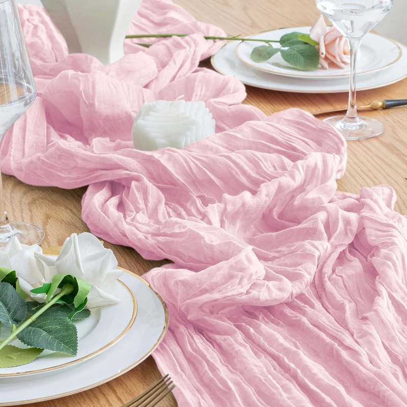 Xiomot Table Runner Pink Cheesecloth Valentine's Day 10FT Blushing Pink Boho Gauze Cheese Cloth Rustic Sheer Table Runners for Summer Wedding Bridal Baby Shower Party Decoration