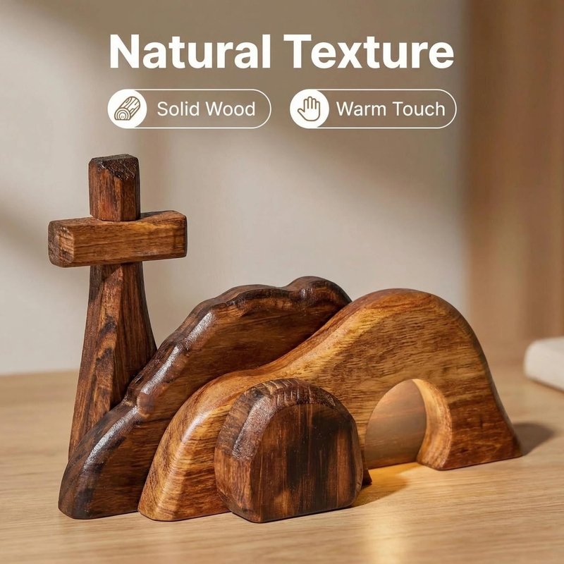 Wooden Easter Tomb Scene with Cross - Empty Tomb Decor for Home Office Desktop, Religious Resurrection Cross Jesus Nativity Set, Christian Easter Decoration He is Risen Gift (Style A)