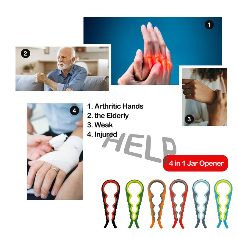 Jar Bottle Opener for Weak Hands, 4 in 1 Multi-Function Non-Slip Can Lid Opener Tool, Suitable for Seniors with Arthritis, Low Strength and Children