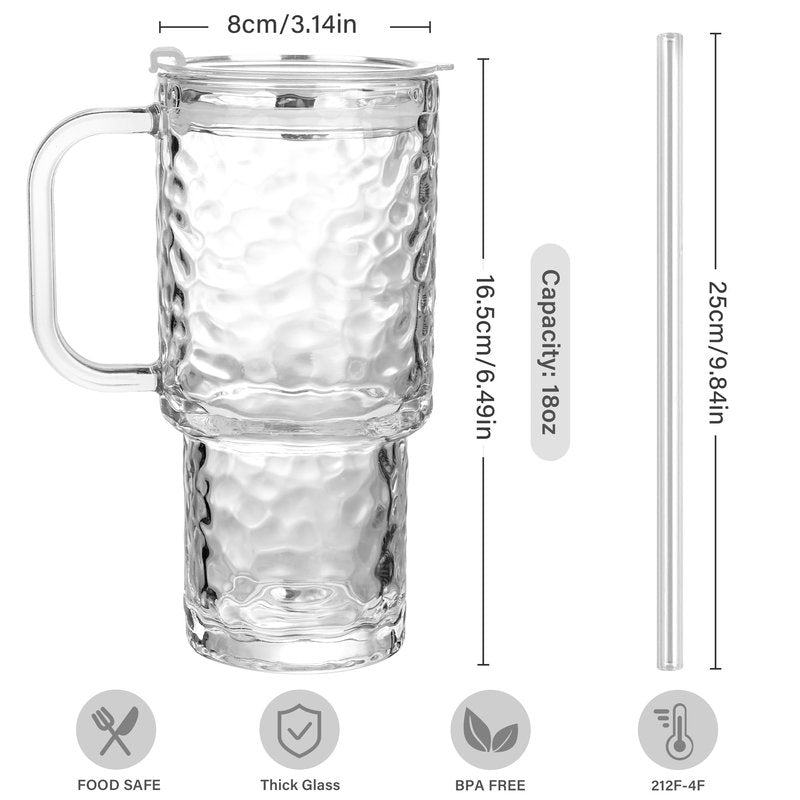 Oroklis 17oz Glass Tumbler with Handle & Lid – 2-Pack Iced Coffee Cups with Straws, Glass Mug for Cold & Hot Beverages Travel Cup for Smoothies, Tea, and Juice (clear-Glacial pattern-2pack)