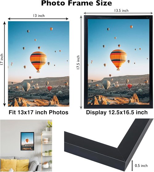 JCJMY 13x17 Picture Frame - Black Wall Mount for Horizontal or Vertical Display | Shatter-Resistant Plexiglass
